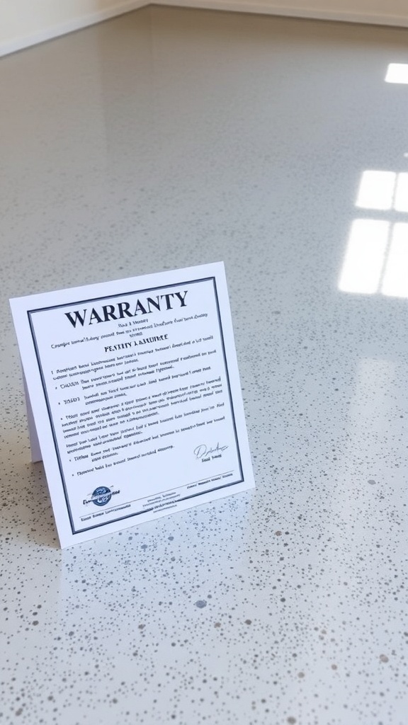 A modern garage with shiny epoxy floors and warranty documents on the floor.