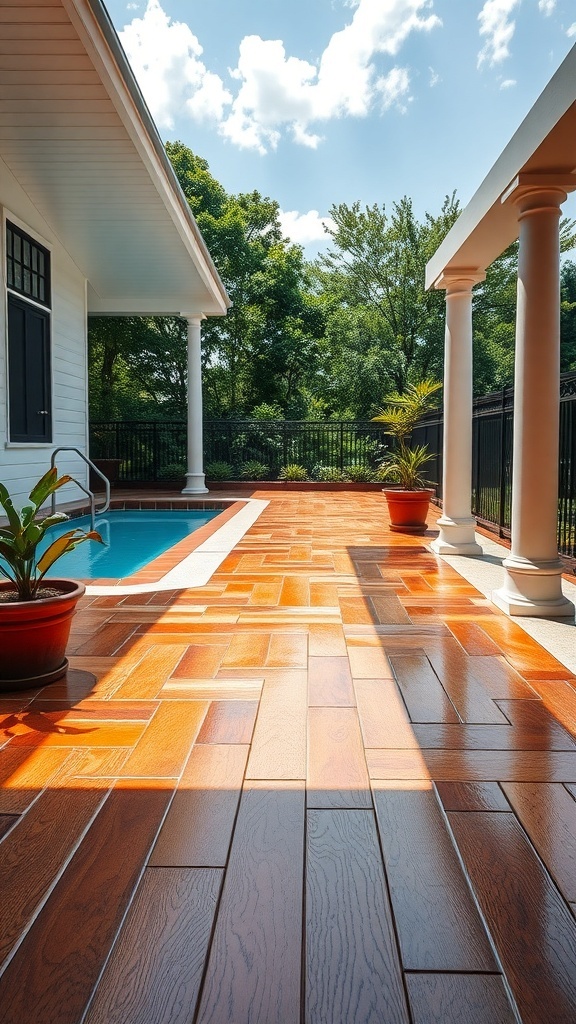 A beautiful epoxy concrete patio that resembles wood, surrounding a pool with lush greenery.