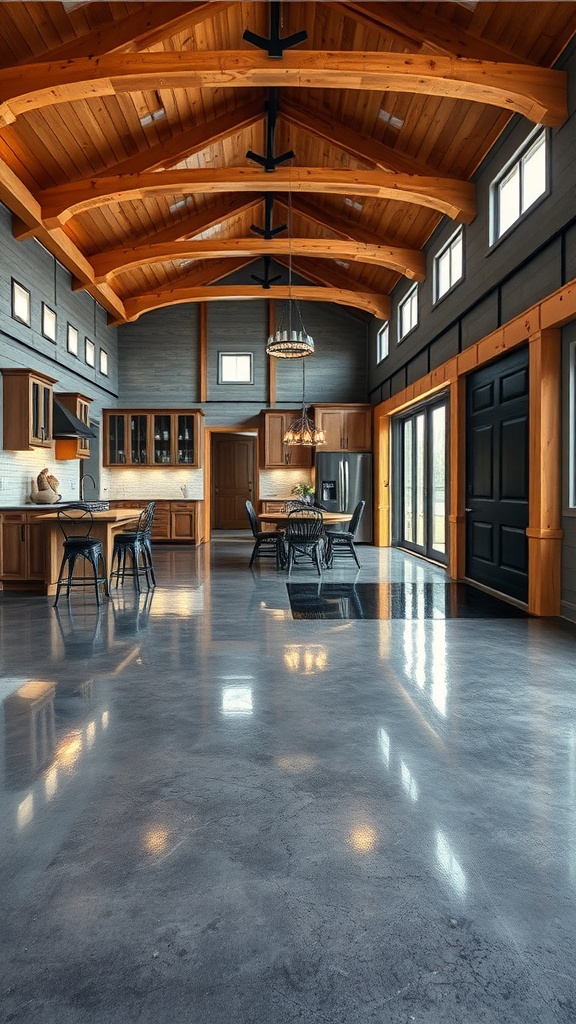 Interior of a barndominium featuring a polished epoxy floor and wooden beams.