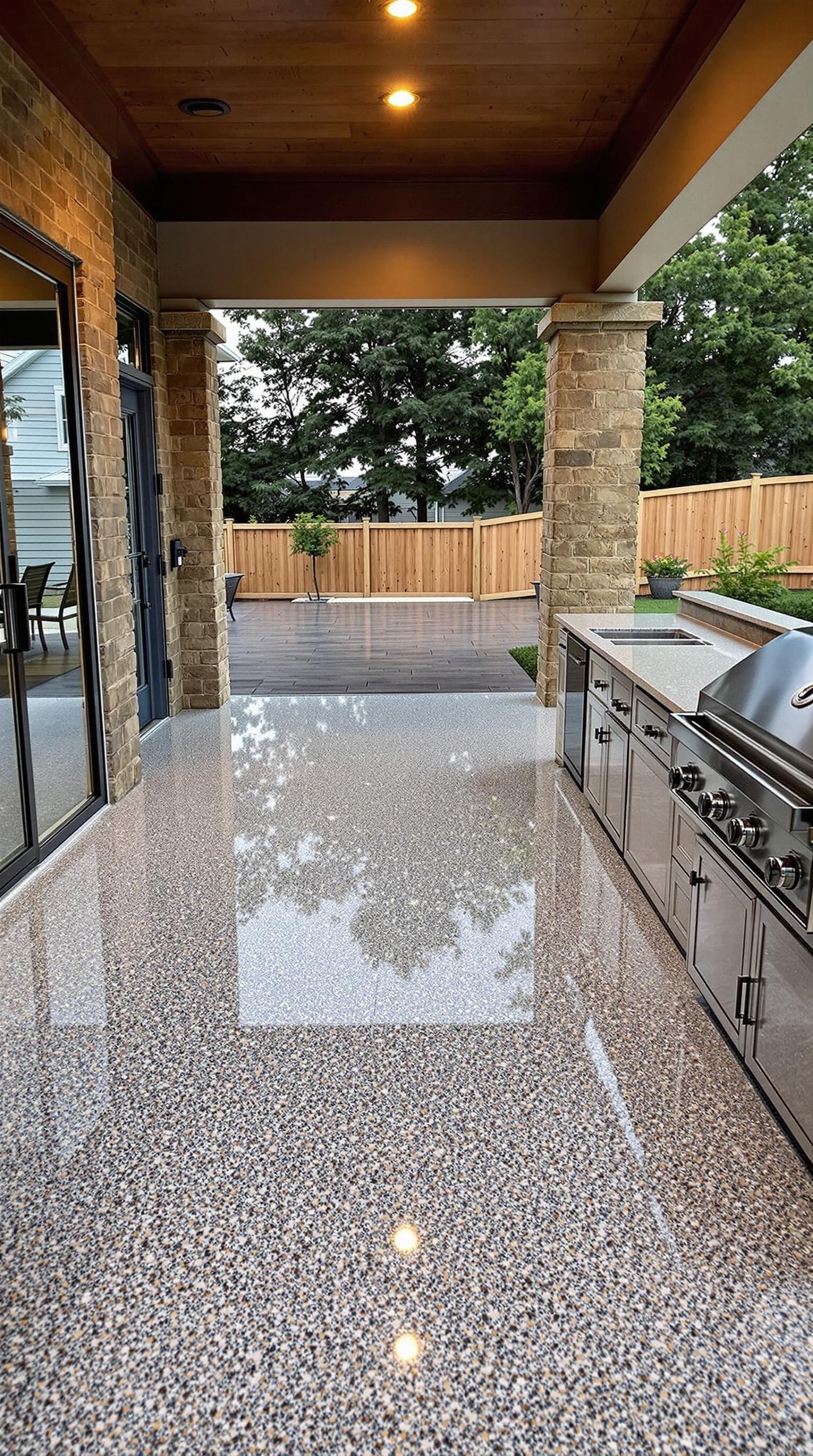 A modern outdoor kitchen featuring sleek epoxy floors, showcasing durability and style.