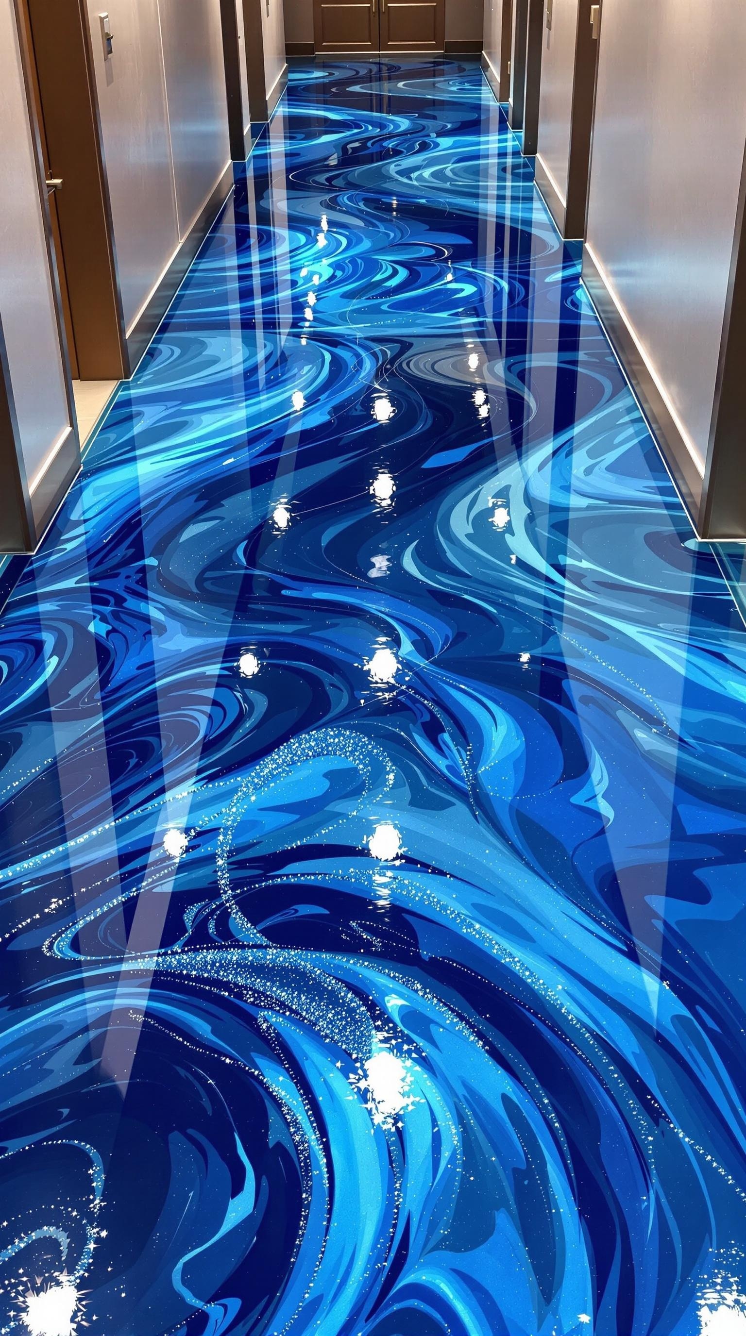 A hallway with glossy blue epoxy resin flooring featuring whimsical blue swirls.