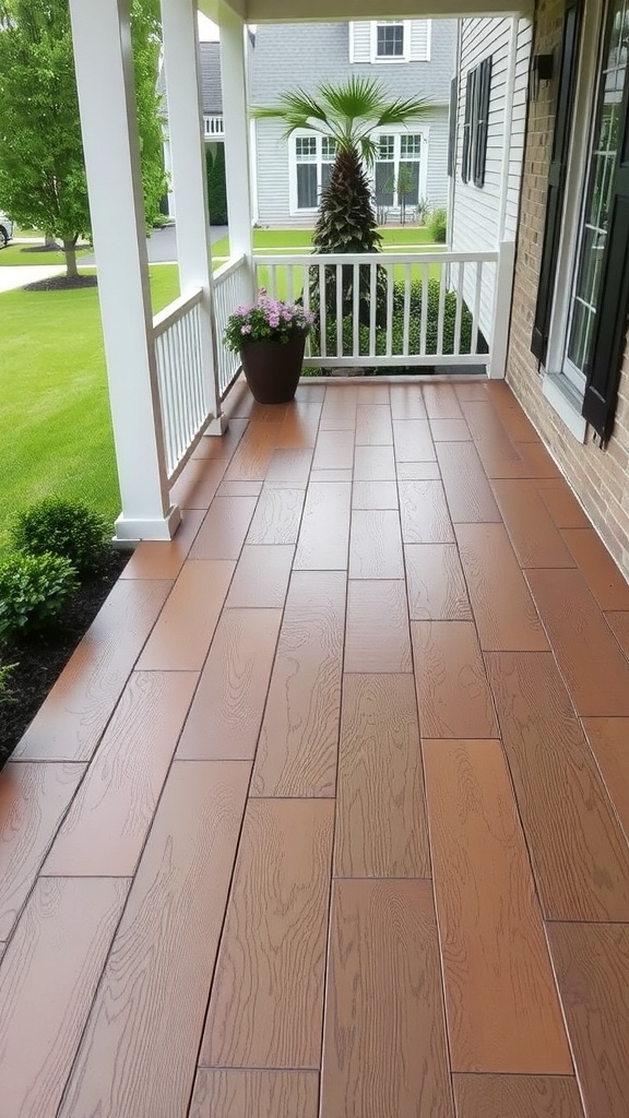 Wood-look stamped concrete patio with various earthy tones and textures.