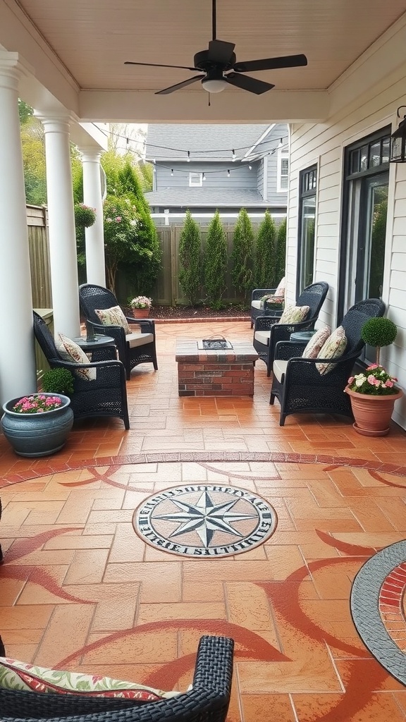 Cozy patio with wood-look stamped concrete, featuring comfortable seating and decorative plants.