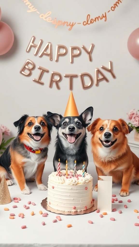 Three dogs at a birthday celebration with a cake and decorations.