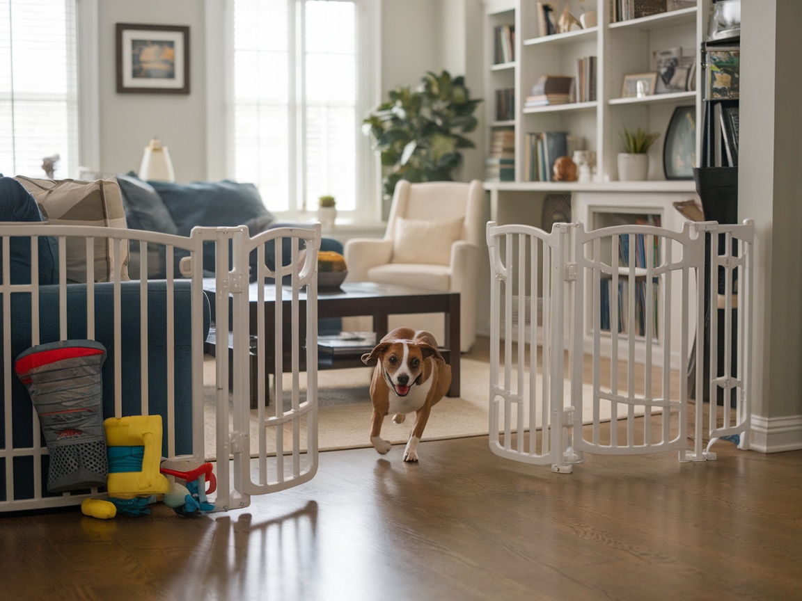 A dog running towards a baby gate in a cozy living room.