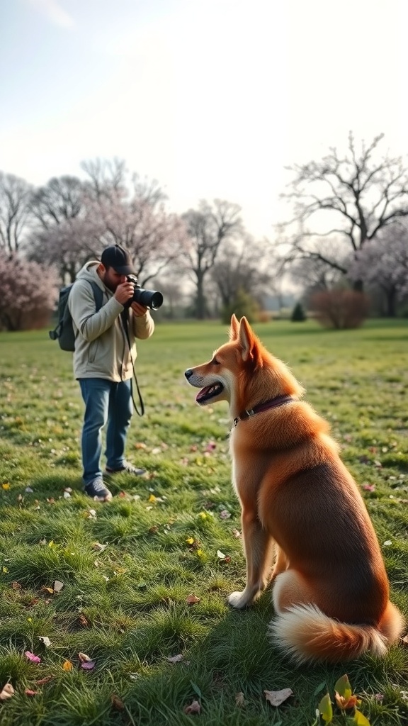 A person photographing a dog in a park setting with trees and flowers.