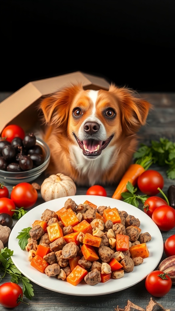 A happy dog sitting in front of a plate of nutritious food surrounded by fresh vegetables.
