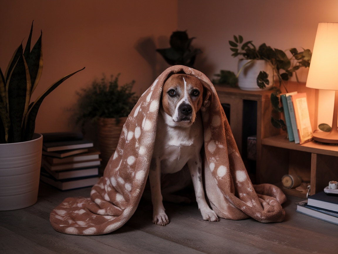 A dog wrapped in a blanket sitting in a cozy room with plants and books.