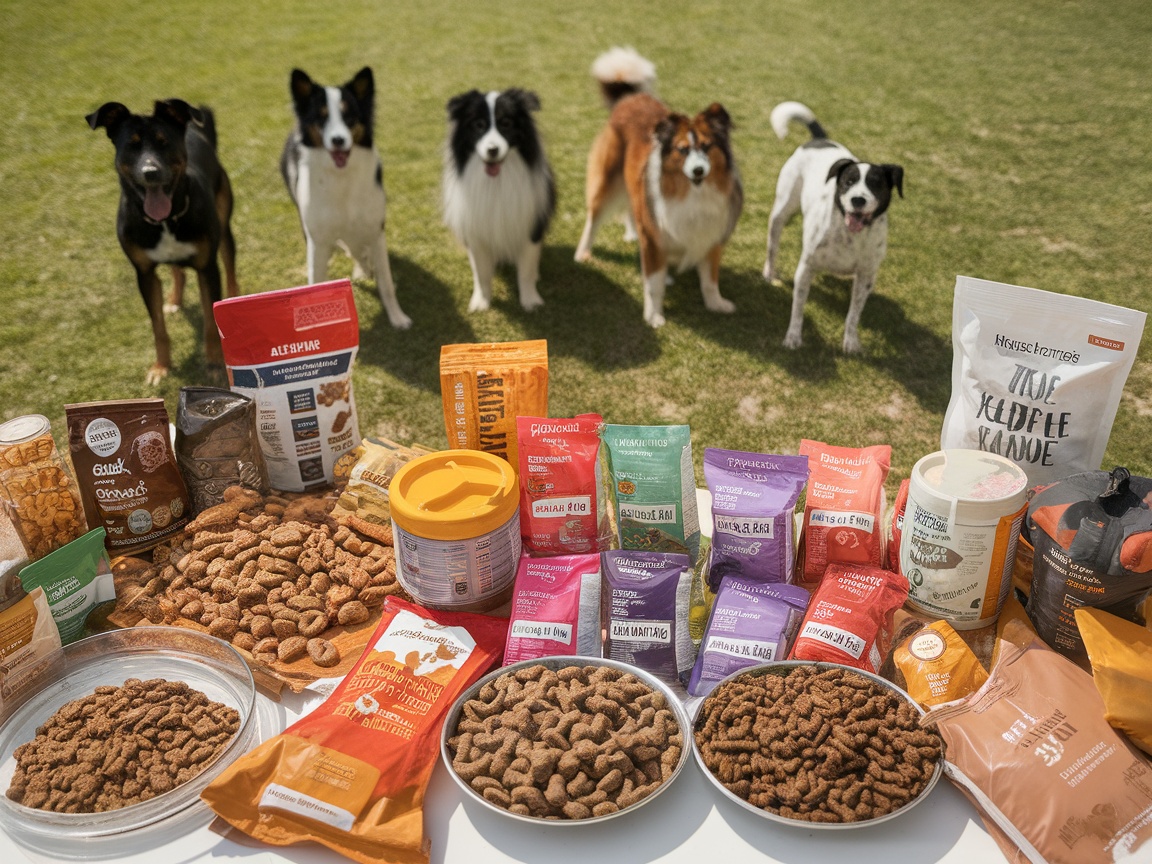 A variety of dog food options displayed with several dogs in the background.