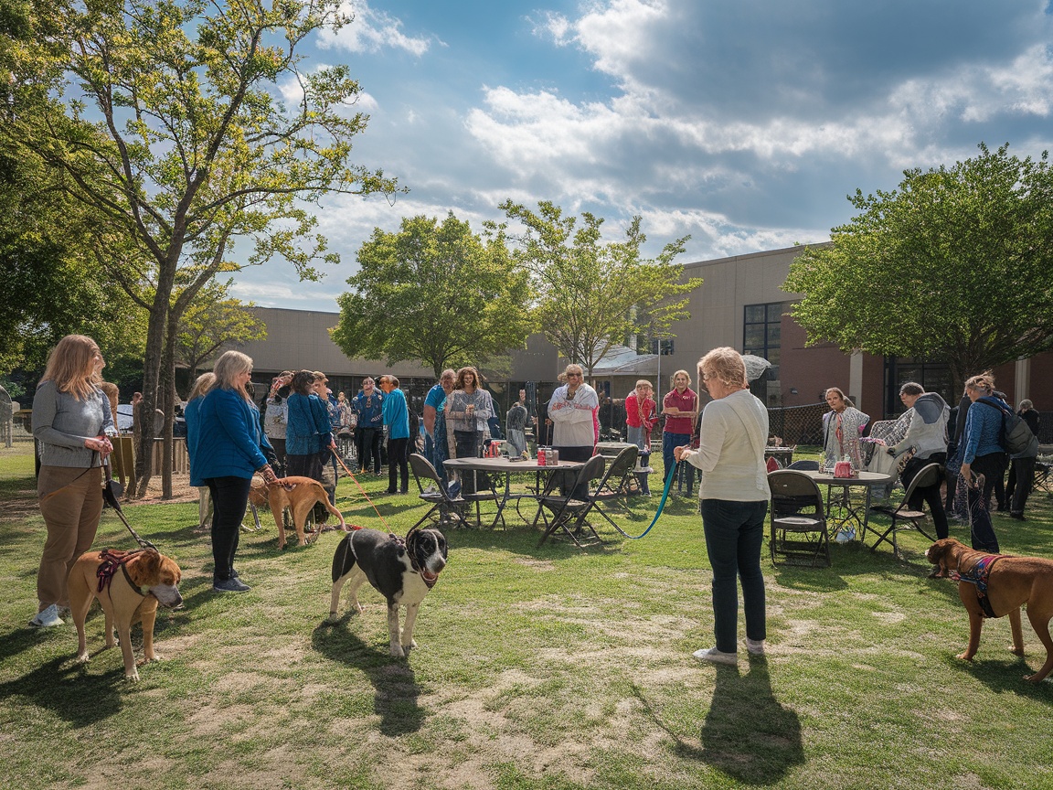 A community gathering with people and their dogs in a park setting.