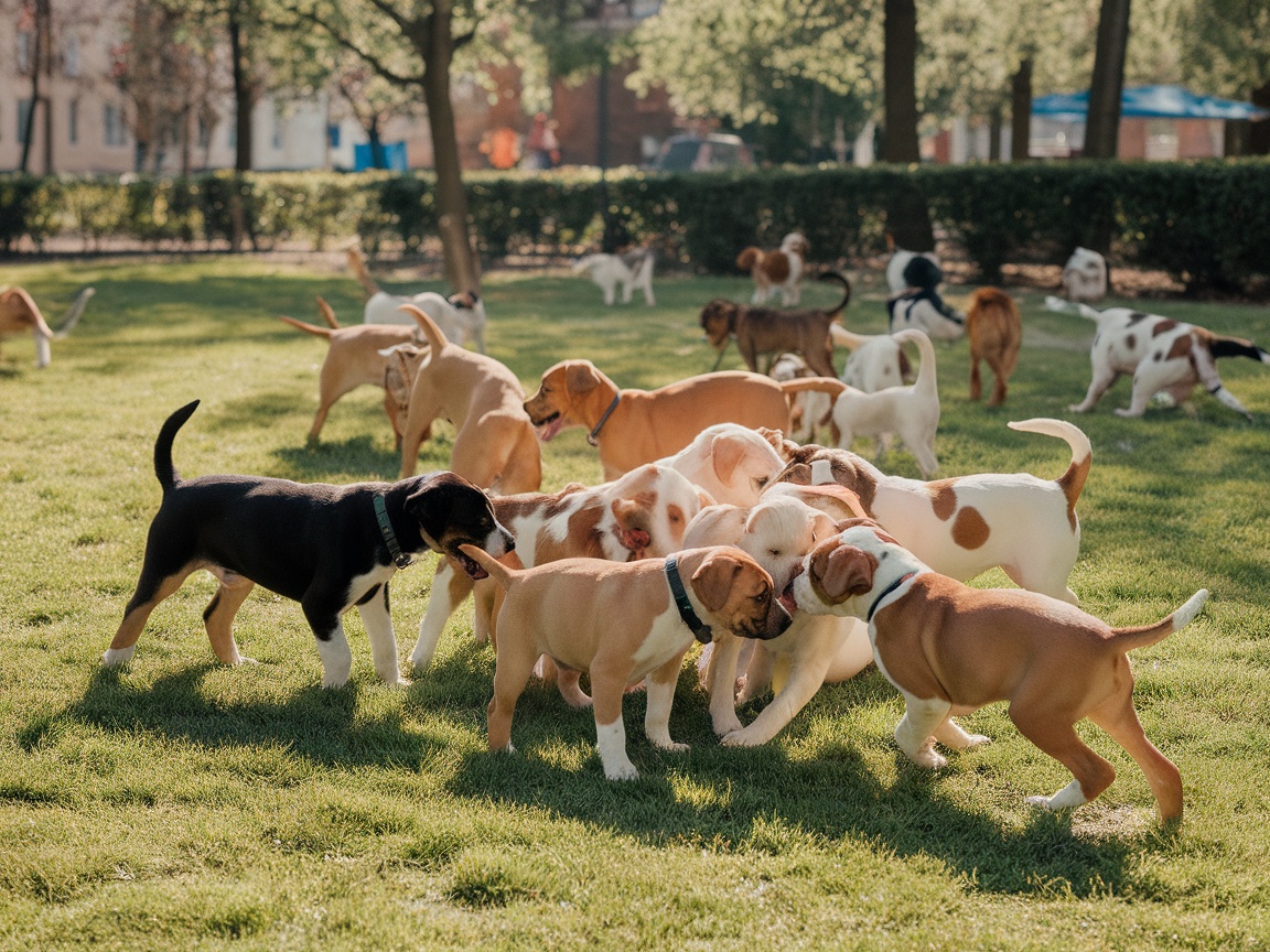 A group of puppies playing together in a park.