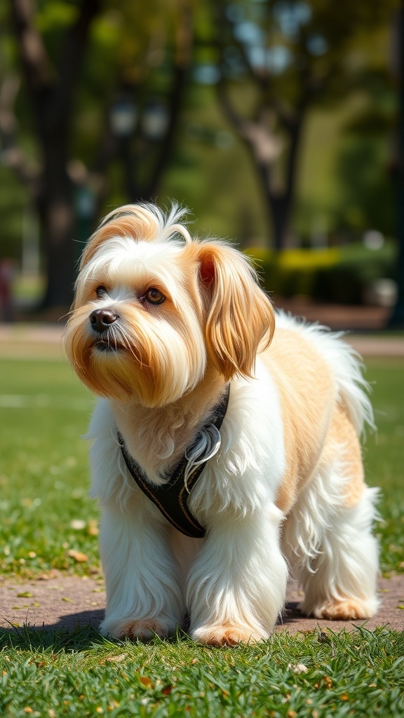 A cute dog standing on grass, showcasing its well-groomed fur.