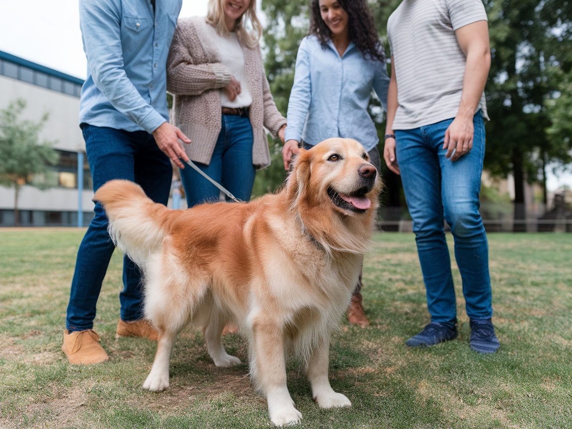 A group of people enjoying time with a golden retriever in a park.