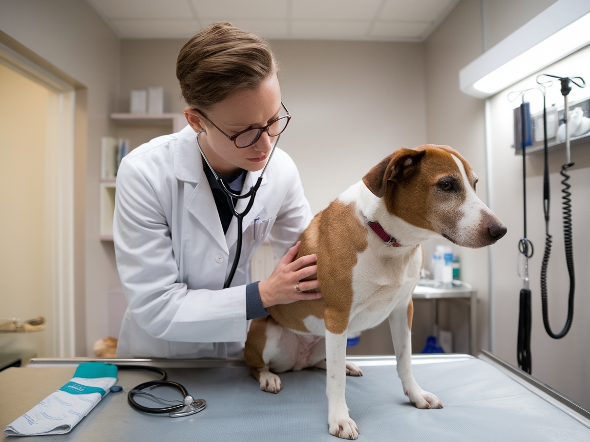 A veterinarian examining a dog during a check-up.