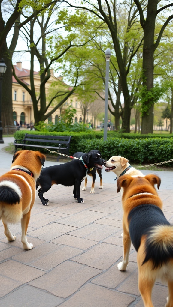 A group of dogs interacting in a park setting.
