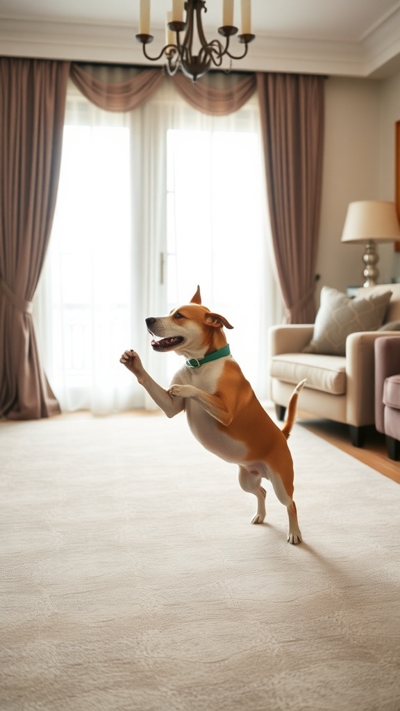 A joyful dog jumping in a stylish living room.