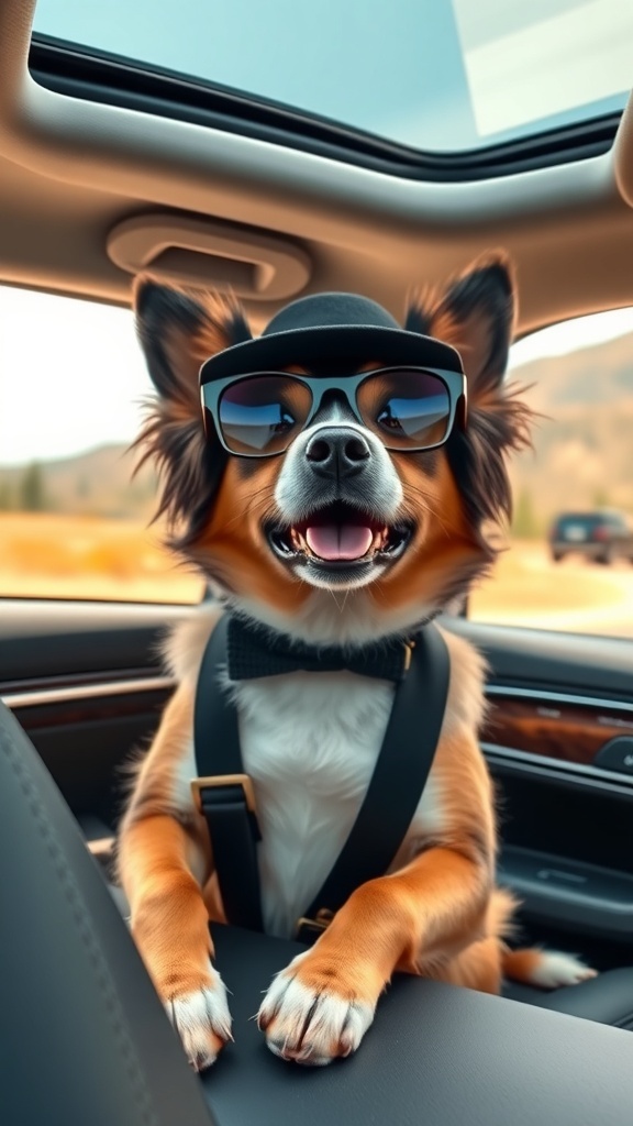 A dog wearing sunglasses and a bow tie, sitting in a car.