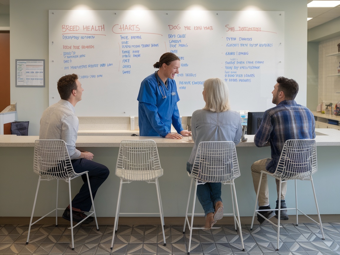 A veterinarian discussing breed health concerns with dog owners at a clinic.