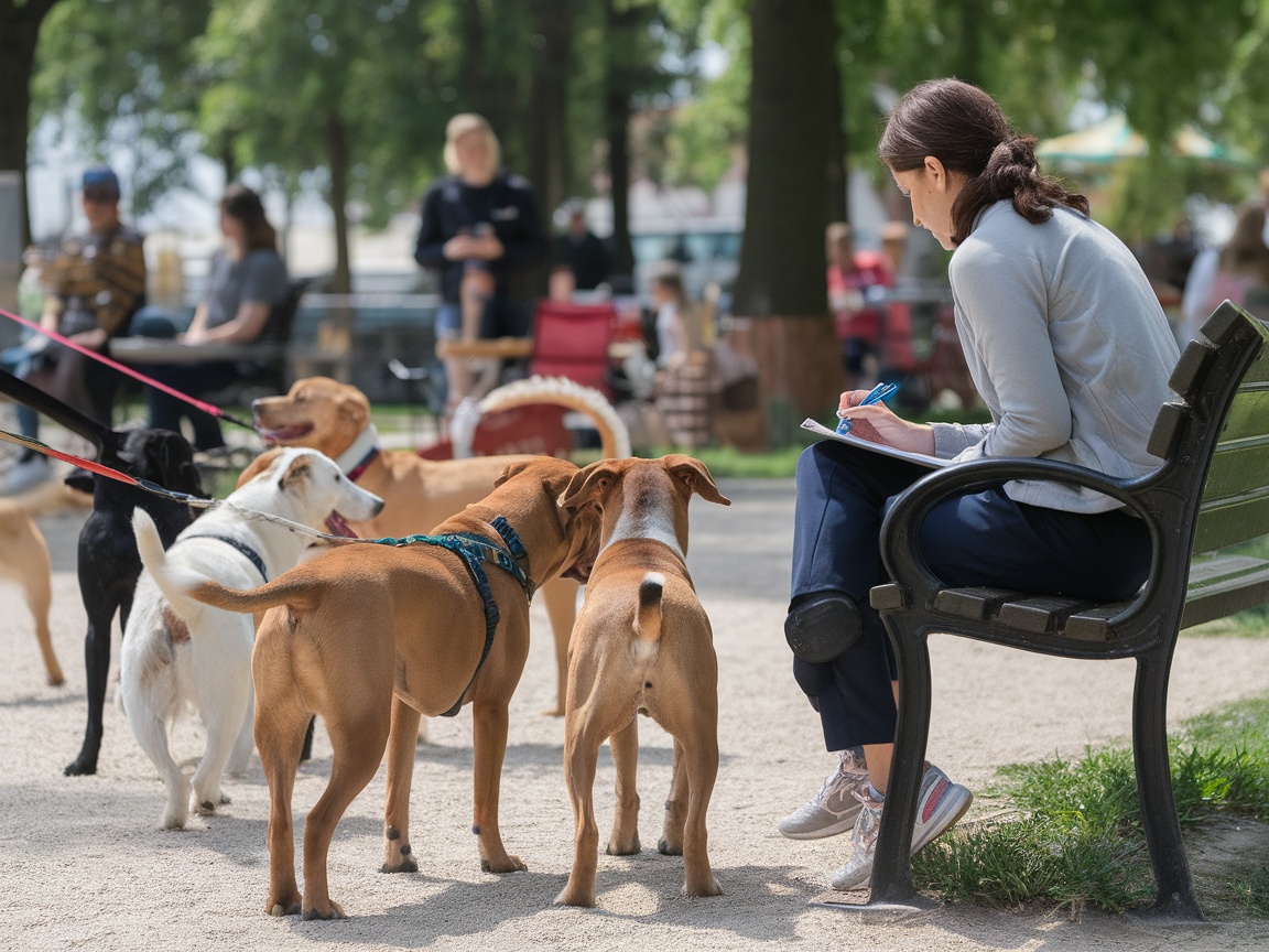 A woman sitting on a bench in a park, observing and taking notes while several dogs interact nearby.