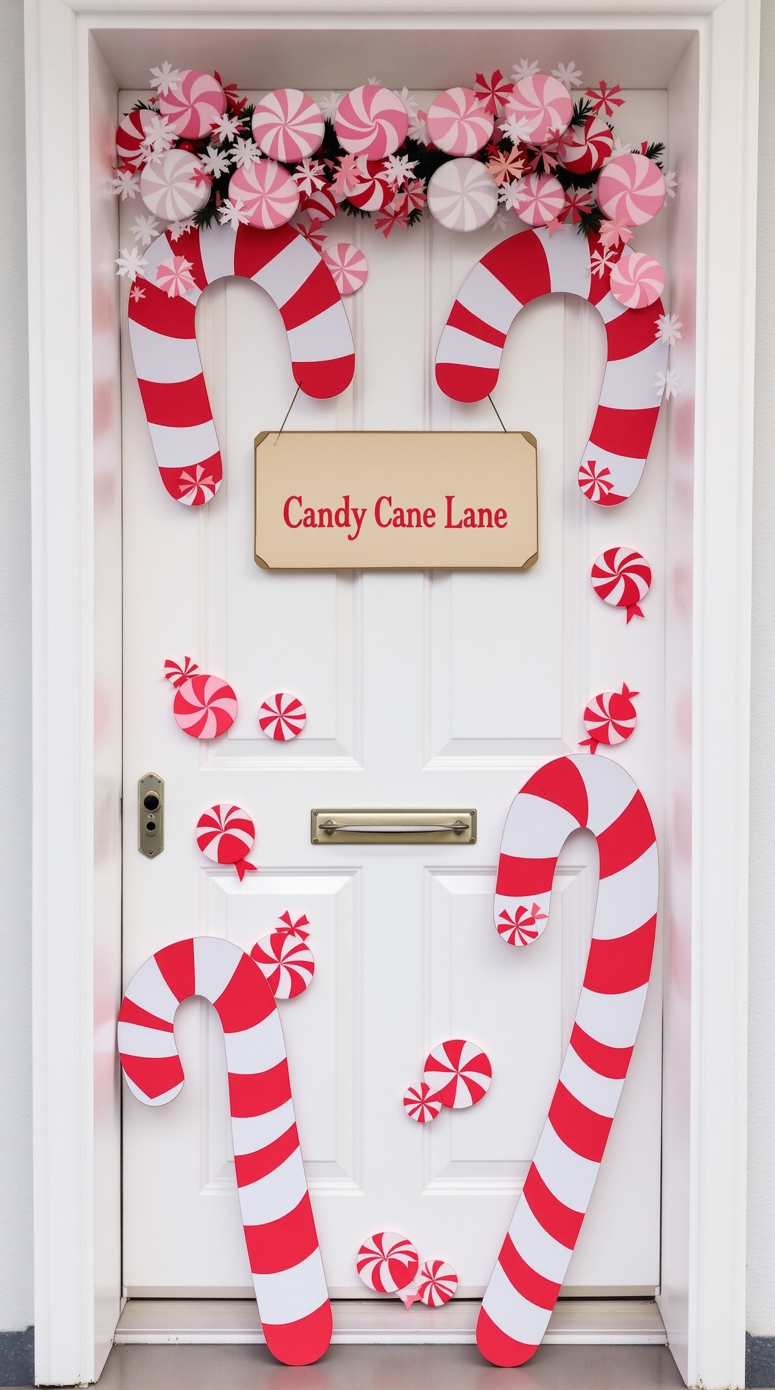 A classroom door decorated with large red and white candy canes and peppermint candies, featuring a sign that says 'Candy Cane Lane'.