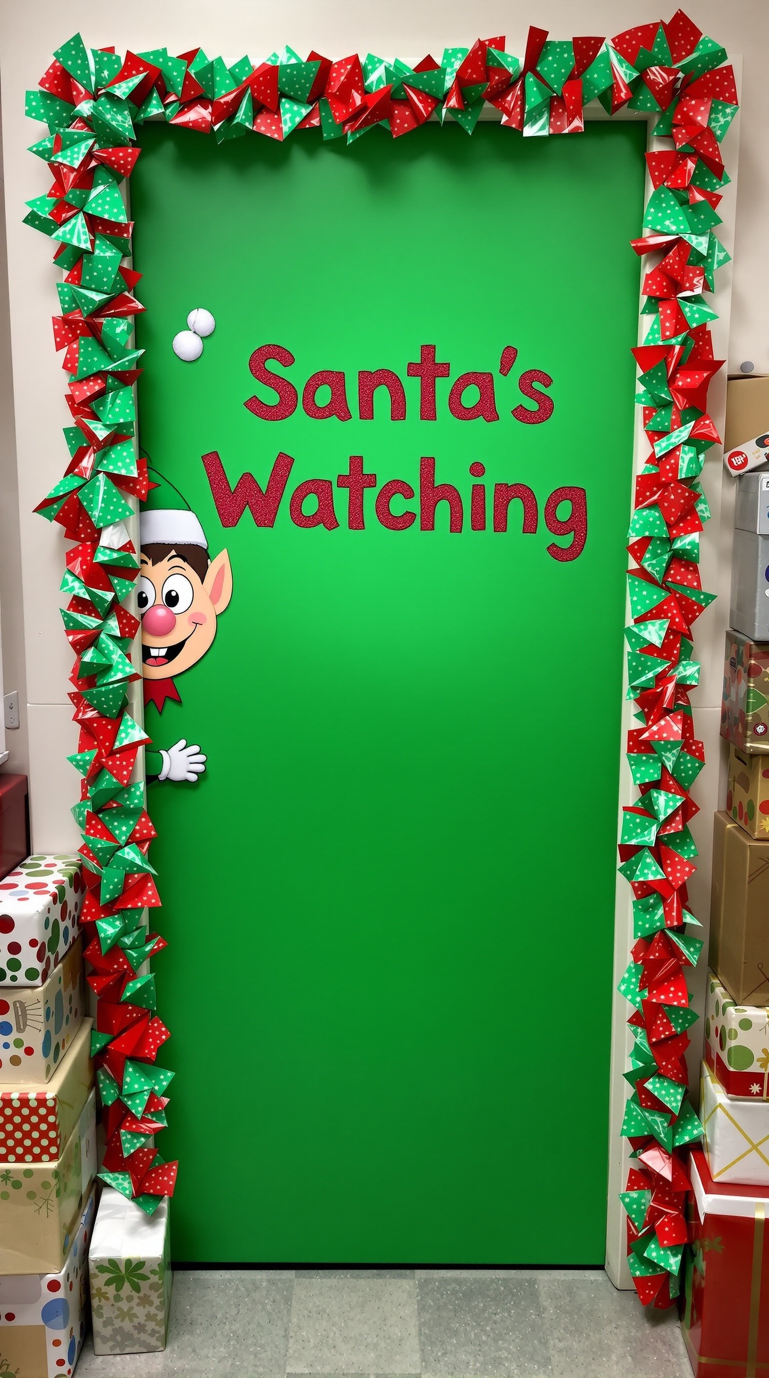A classroom door decorated with a green background, red and green bows, and an elf peeking out, with the text 'Santa's Watching'.