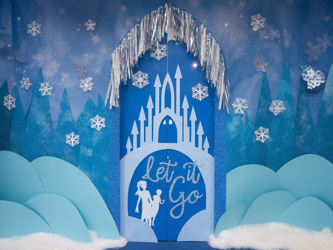 A classroom door decorated in a Frozen theme, featuring a blue background, a castle, snowflakes, and the phrase 'Let it Go'.