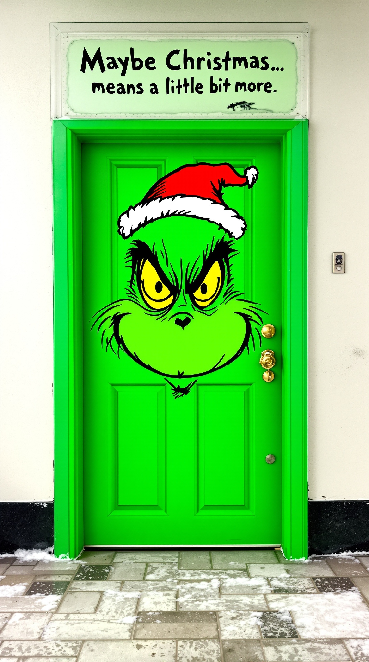 A bright green door decorated with a Grinch illustration and a quote about Christmas.