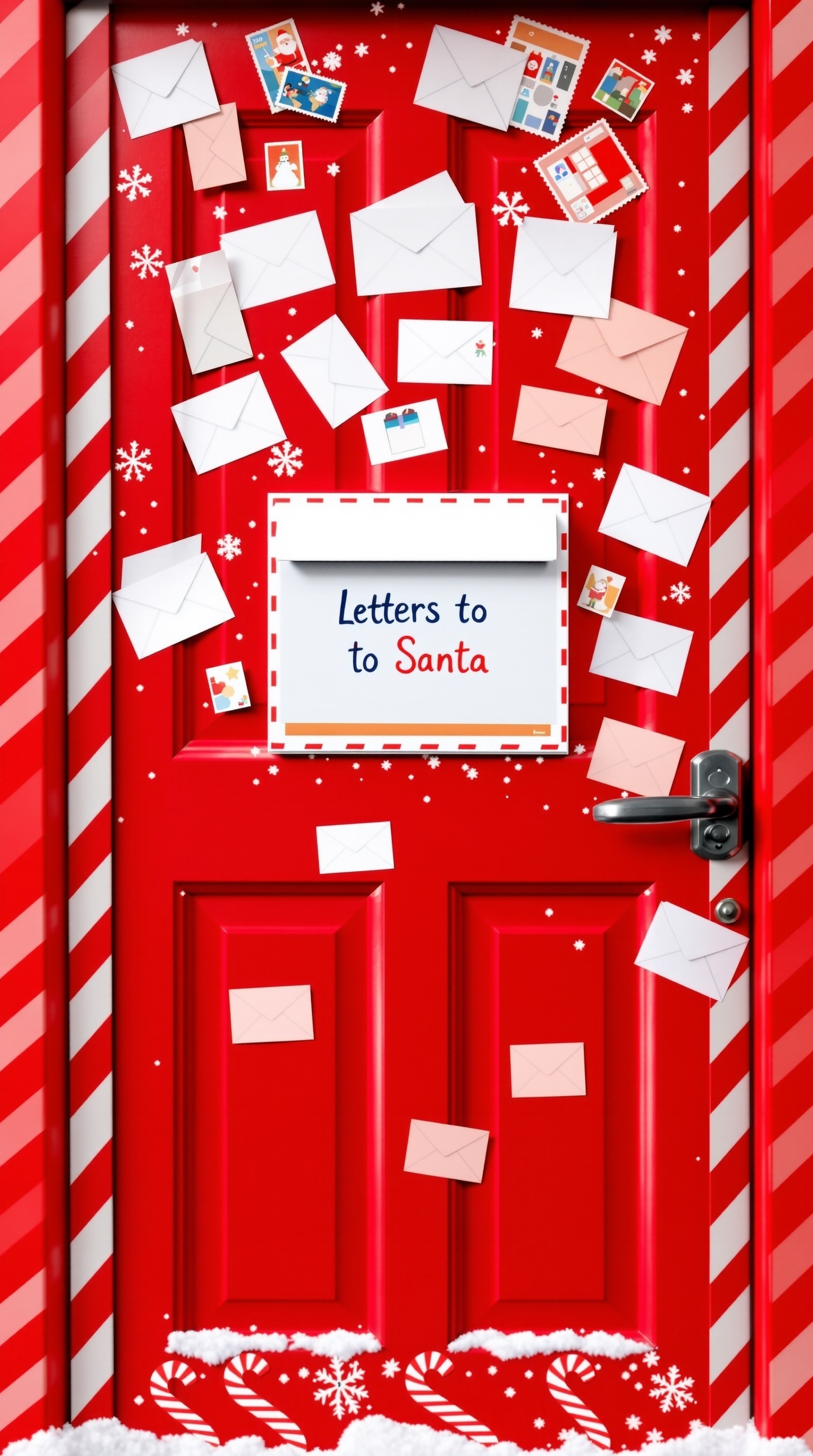 A red classroom door decorated with envelopes and holiday stamps, labeled 'Letters to Santa'.