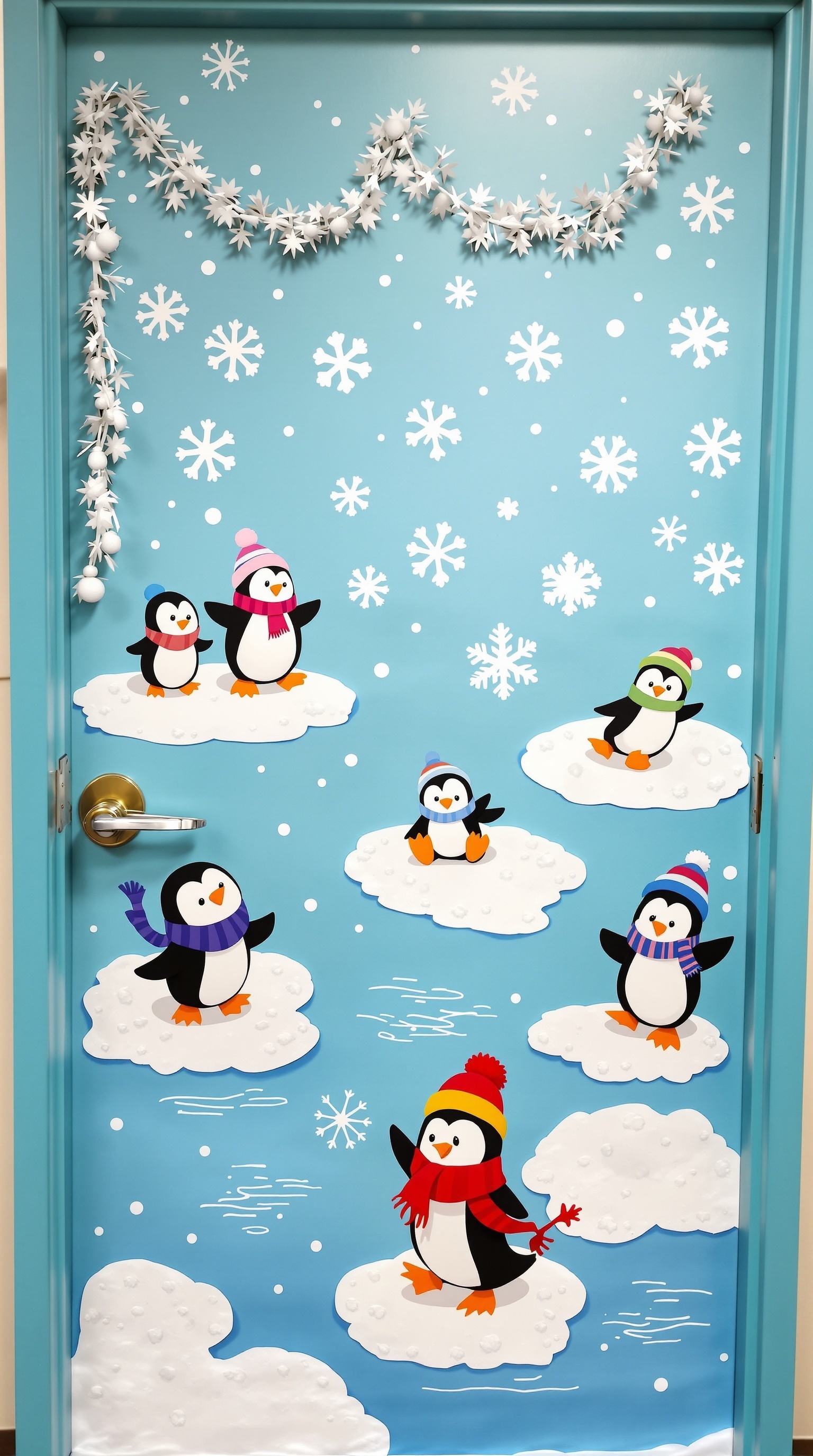 A classroom door decorated with cheerful penguins on clouds, snowflakes, and a white garland.