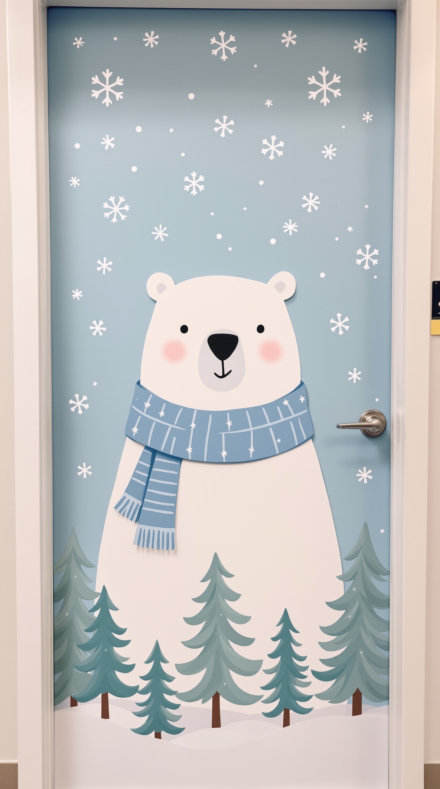 A door decorated with a polar bear wearing a blue scarf, surrounded by snowflakes and evergreen trees on a light blue background.