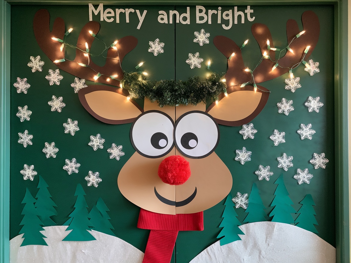 A classroom door decorated as a reindeer with lights, a wreath, and festive elements.