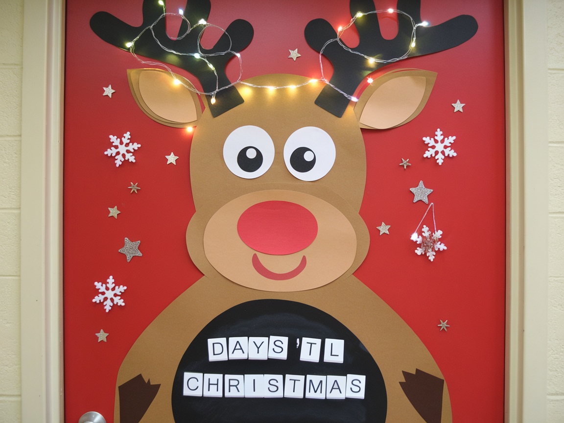 A festive classroom door decorated as Rudolph the reindeer with a countdown calendar.