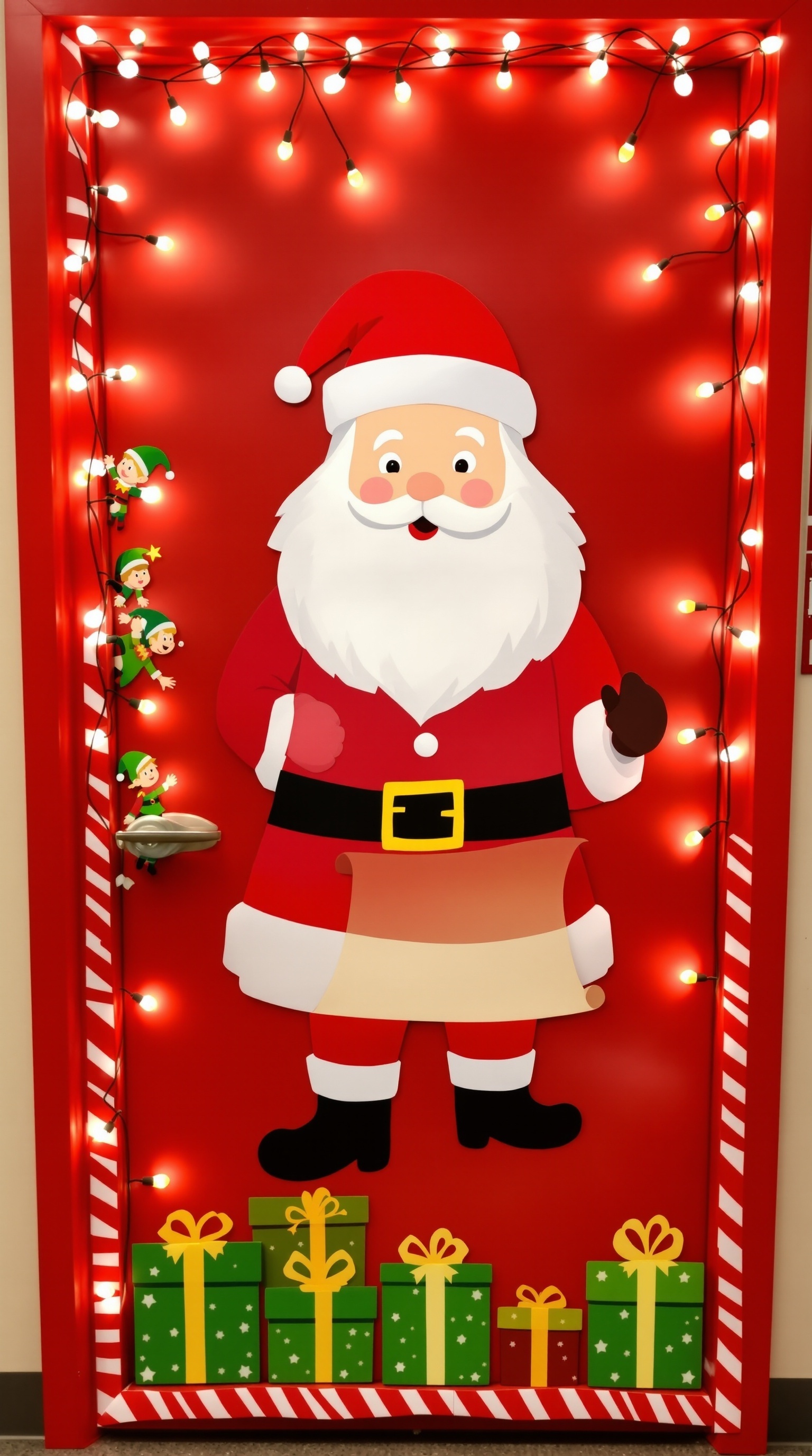 A classroom door decorated with Santa, elves, and colorful presents, surrounded by twinkling lights.