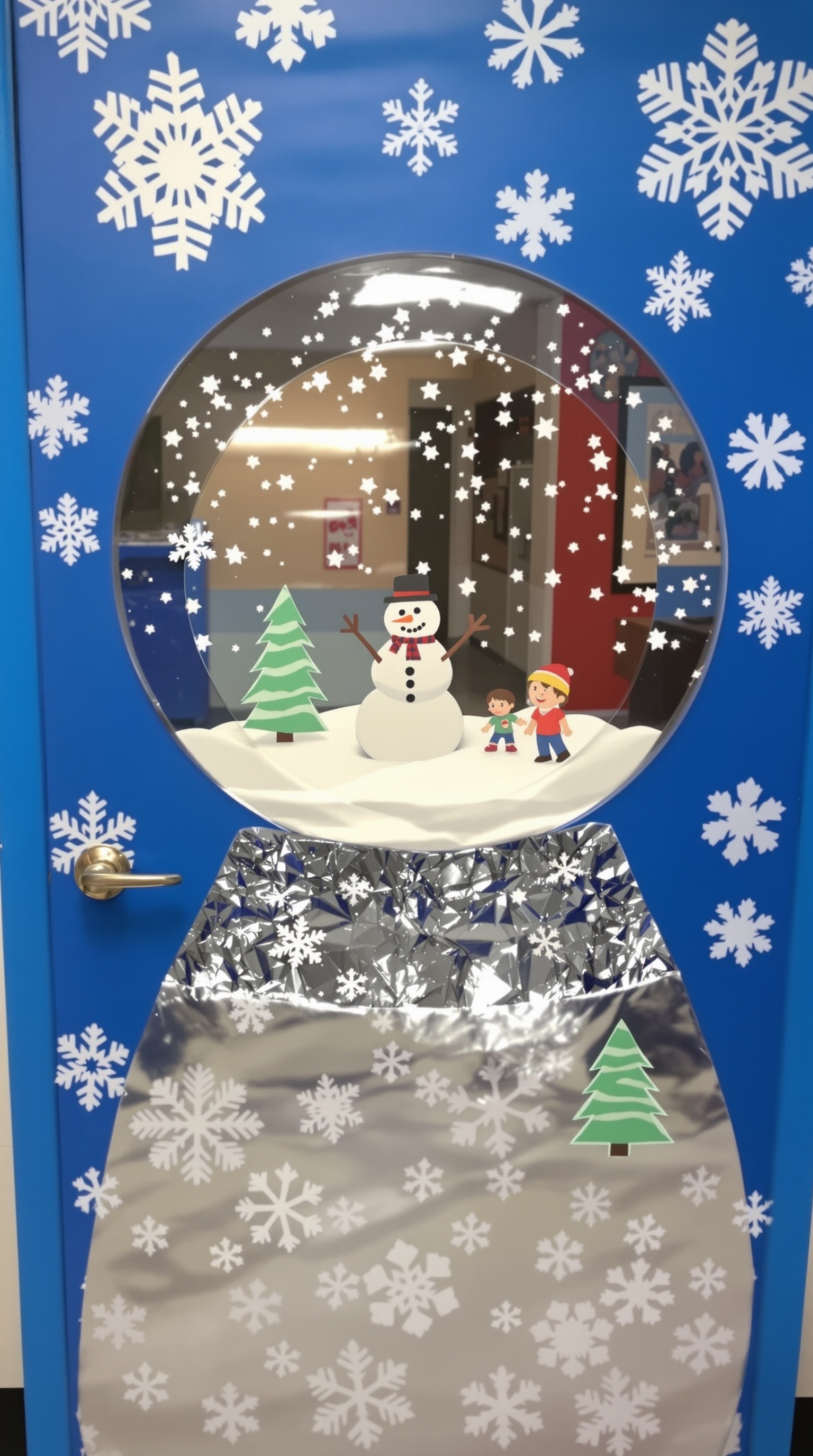 A classroom door decorated like a snow globe with a snowman, children, and snowflakes.