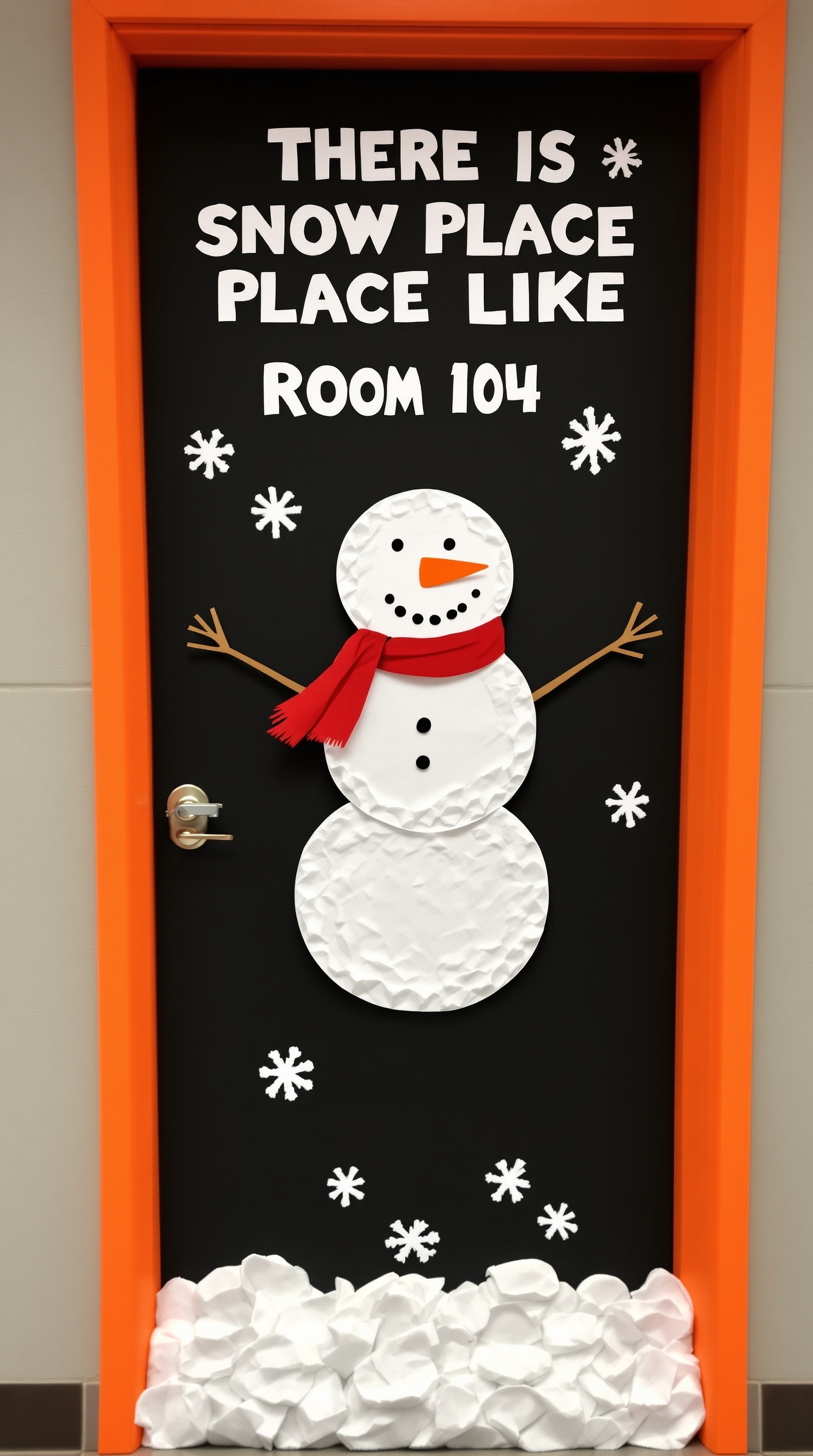A decorated classroom door featuring a snowman and the phrase 'There is snow place like Room 104'.