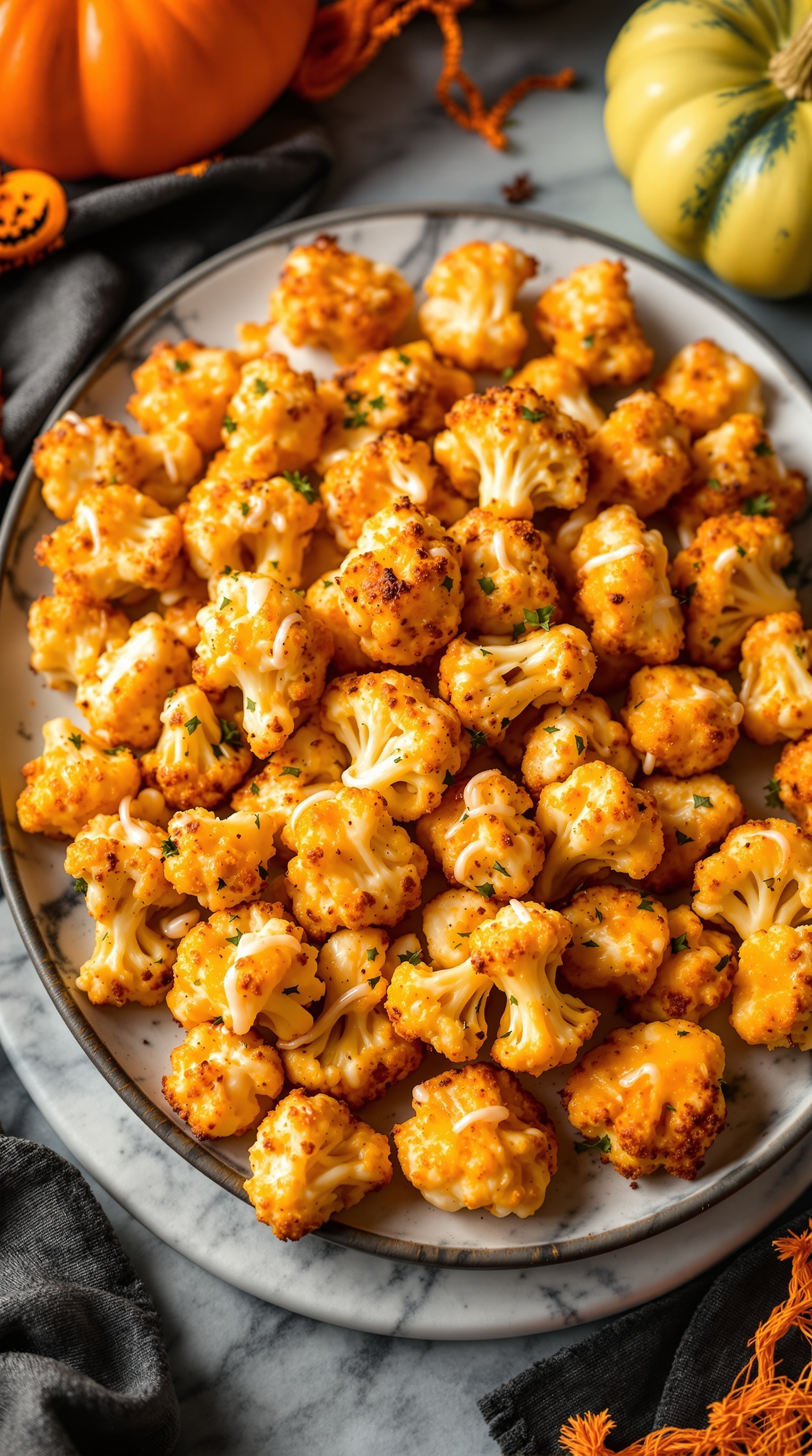 A plate of cheesy cauliflower bites, perfect for Halloween snacks.
