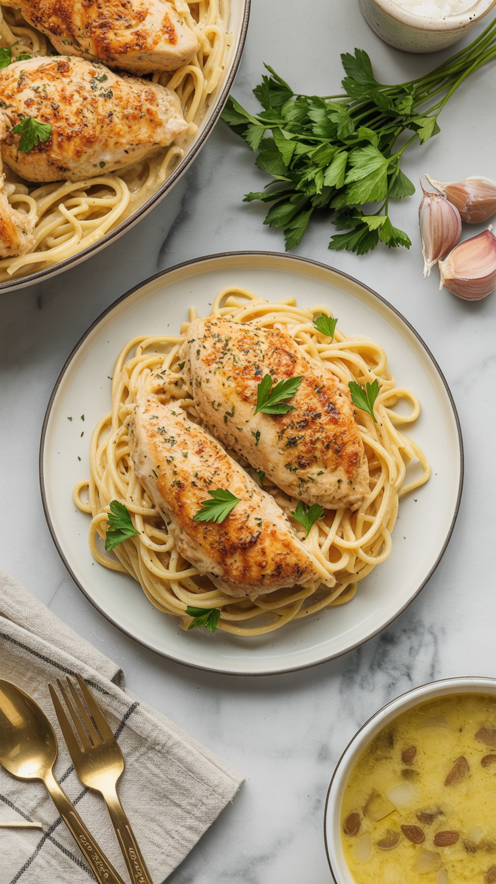 Creamy Garlic Parmesan Chicken served on a plate with pasta and garnished with parsley.