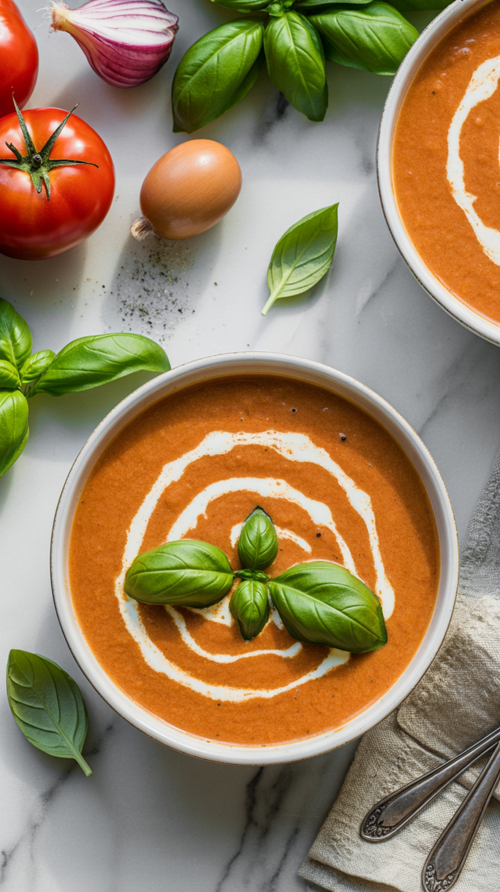 A bowl of creamy tomato basil soup garnished with basil leaves, surrounded by fresh tomatoes and basil.