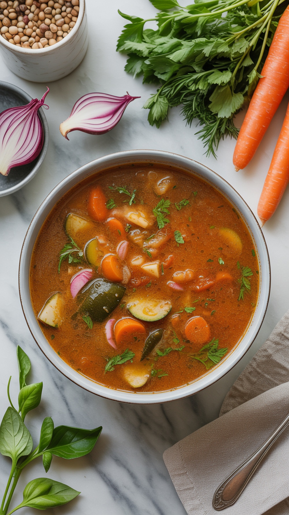 A bowl of hearty vegetable soup with carrots, zucchini, and herbs.