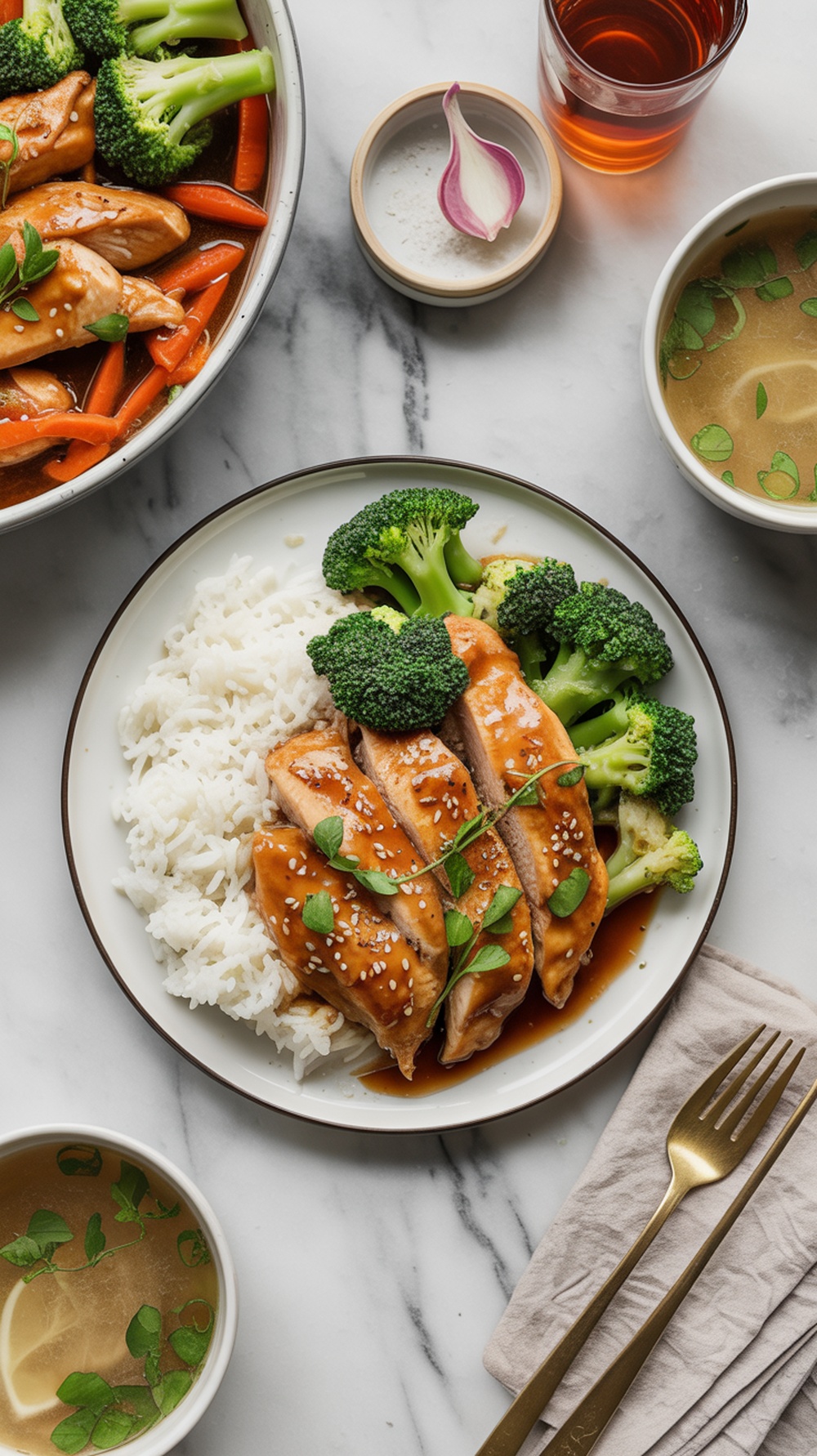 A plate of teriyaki chicken served with rice and broccoli.