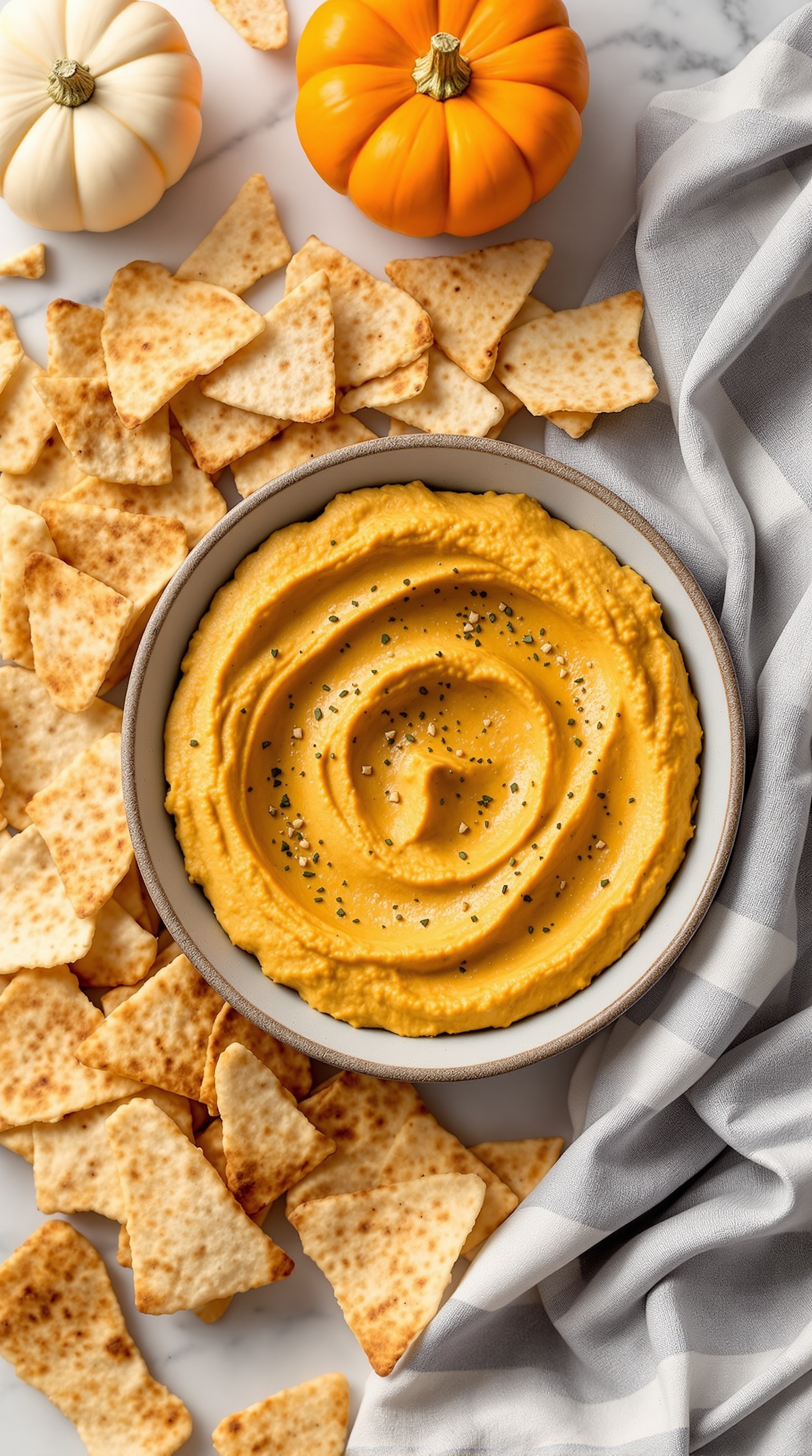 A bowl of pumpkin hummus surrounded by pita chips and small pumpkins.