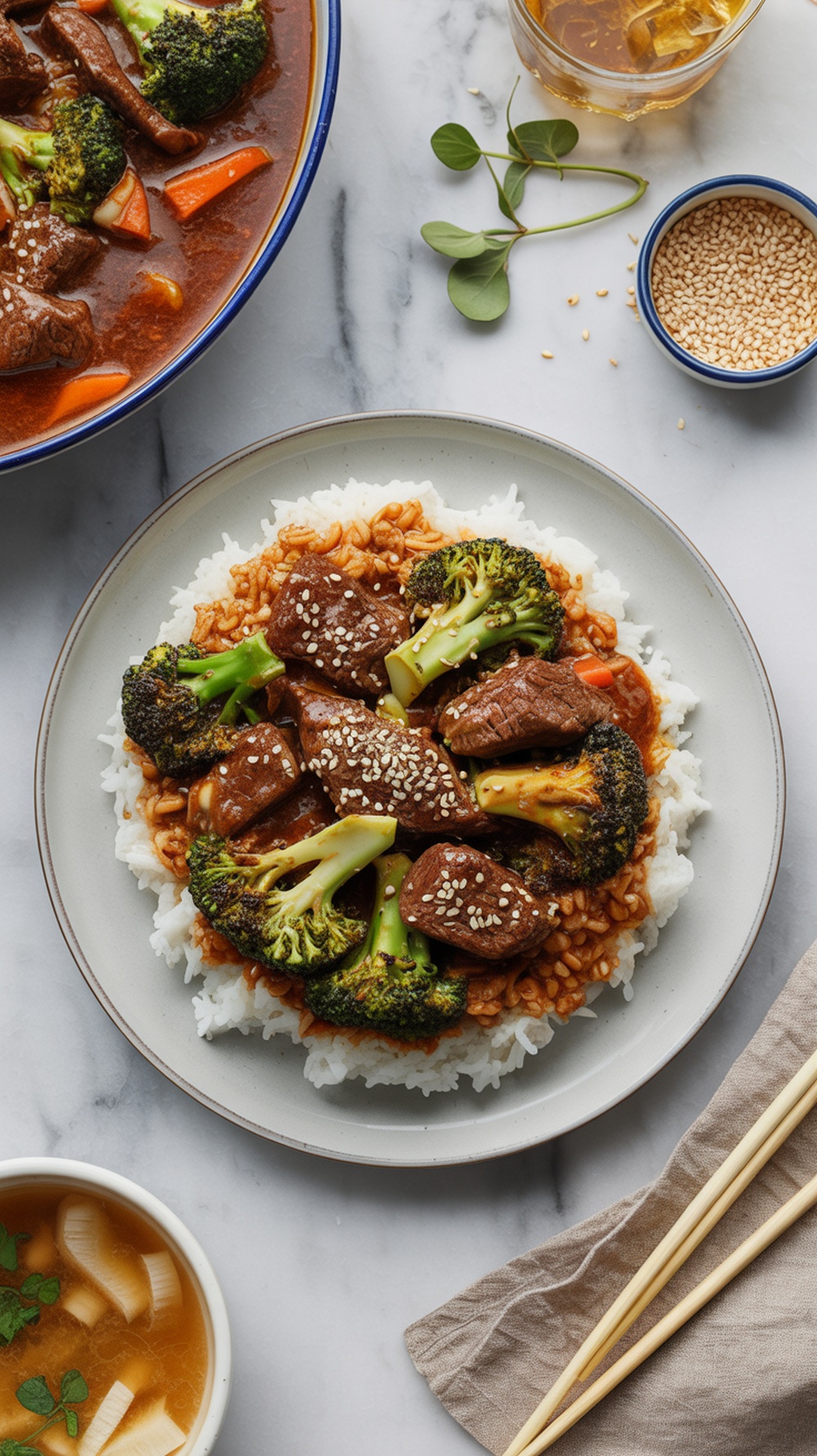 A plate of beef and broccoli served over rice, with a bowl of soup and chopsticks on the side.