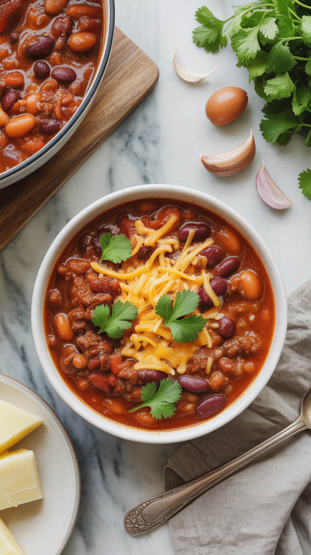 A bowl of savory chili topped with cheese and cilantro, surrounded by garlic and fresh herbs.