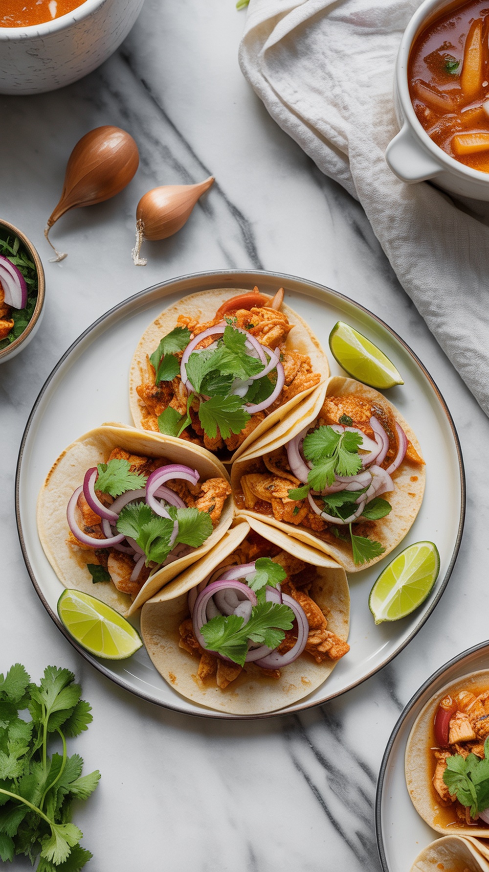 A plate of spicy chicken tacos garnished with cilantro and lime