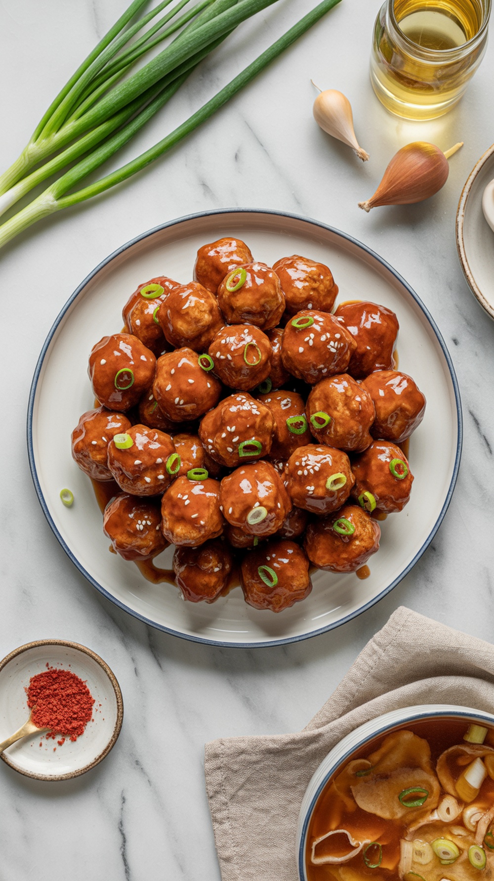 A plate of sweet and sour meatballs garnished with green onions, surrounded by ingredients like garlic and scallions.