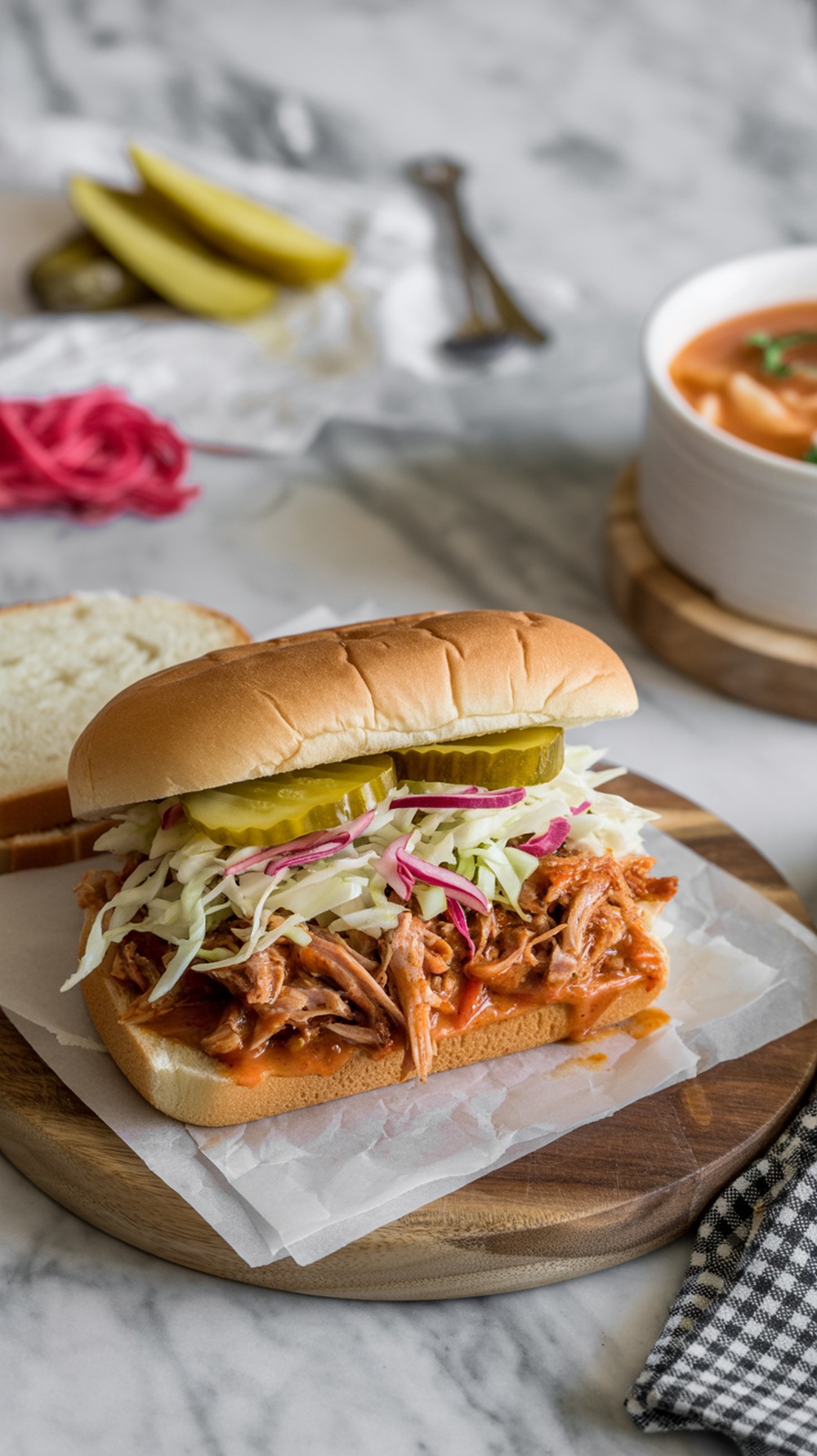 A delicious BBQ pulled pork sandwich with coleslaw and pickles.