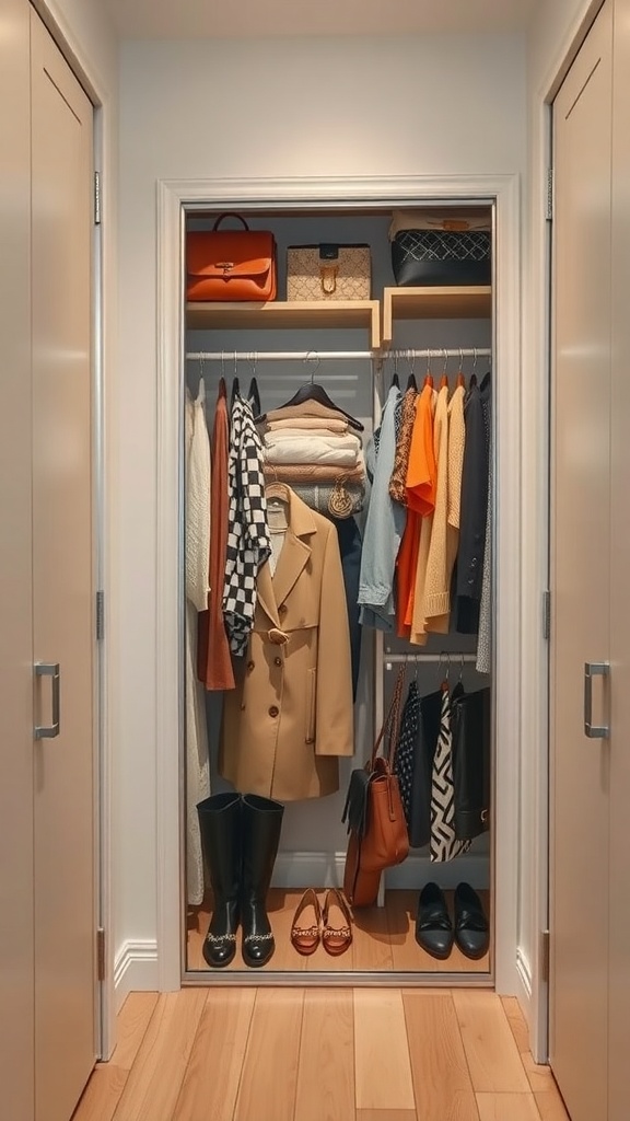 A small walk-in closet with organized clothing and accessories