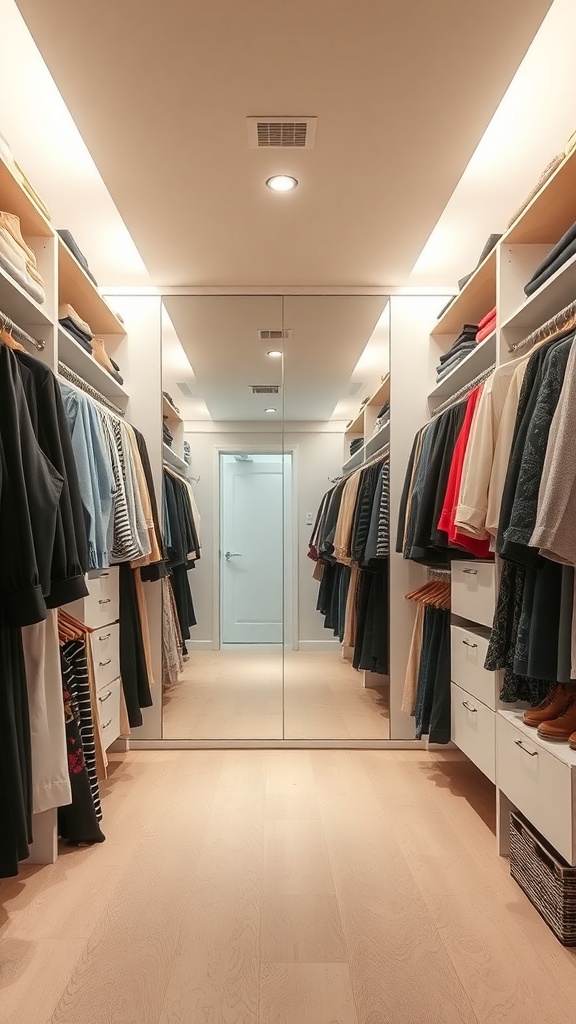 A small walk-in closet featuring organized clothing and a large mirror reflecting the space.