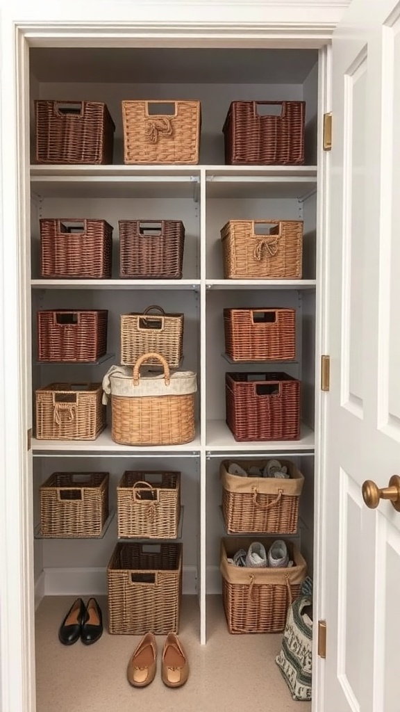 A small walk-in closet featuring neatly arranged decorative baskets on shelves.