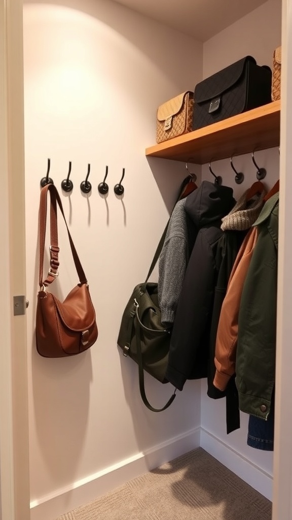A small walk-in closet featuring hooks for bags and jackets, with a shelf above.
